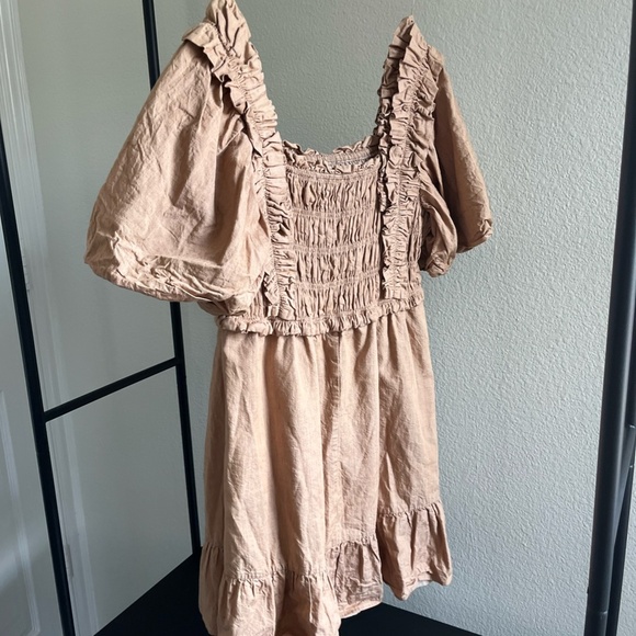 ENGLISH FACTORY | Fall Ruffle Square Neck Mini Dress in Tan | Size Small - Picture 6 of 10